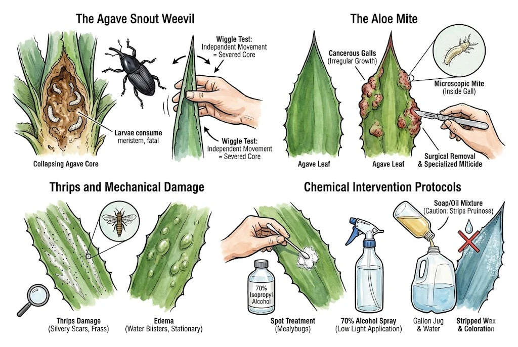 Agave Care Indoors:identifying common Agave pests and issues—Snout Weevil, Aloe Mite, Thrips, and Edema—along with corresponding identification and treatment protocols.
