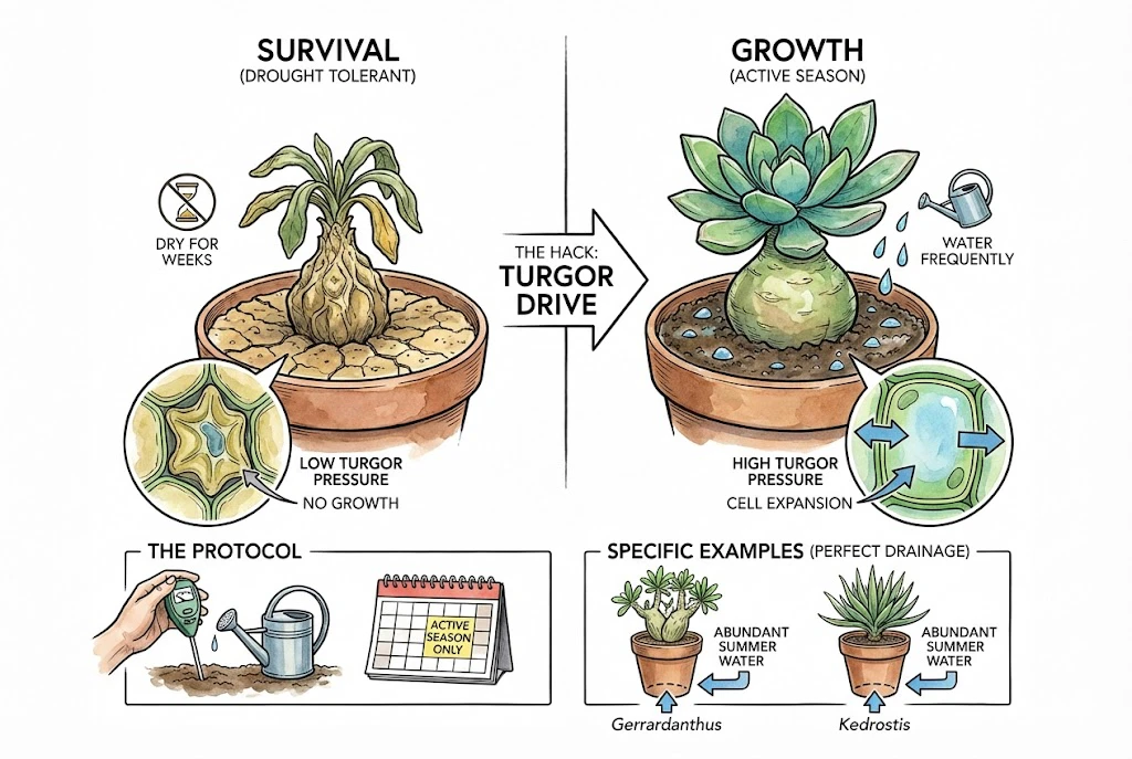 Fastest Growing Caudex: The Turgor Drive watering method to maximize growth during the active season.