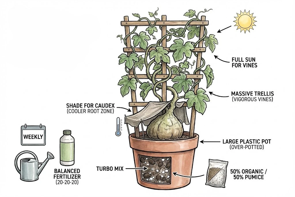Fastest Growing Caudex: The 'Impatience' Protocol for fast-growing Gerrardanthus using a large pot and trellis.