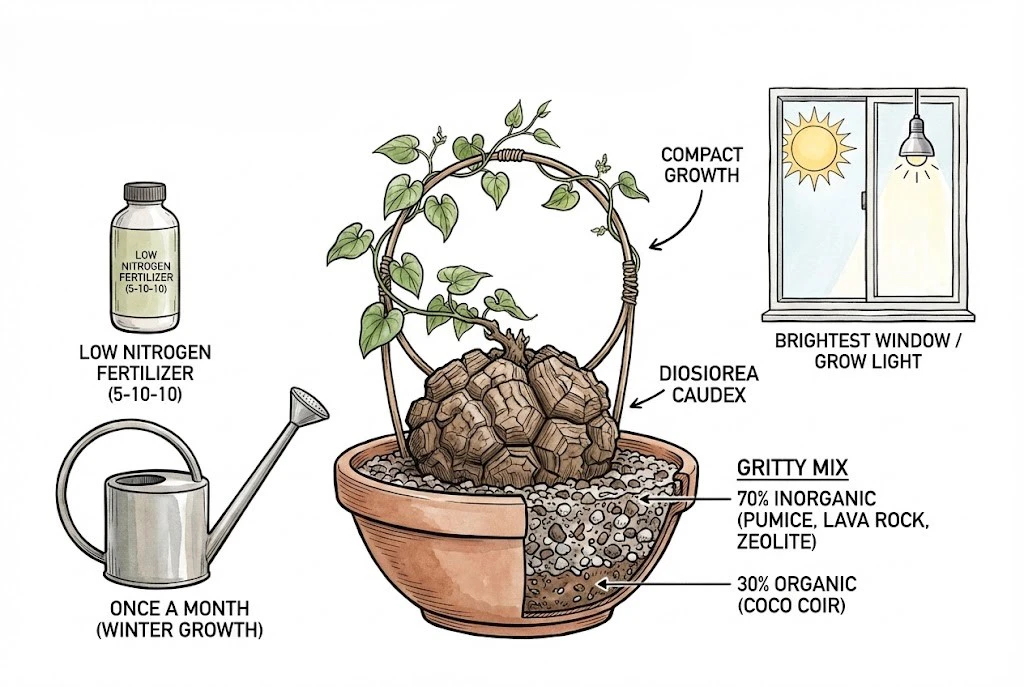 Fastest Growing Caudex: The 'Apartment Dweller' Mix for Dioscorea in low-light indoor conditions.