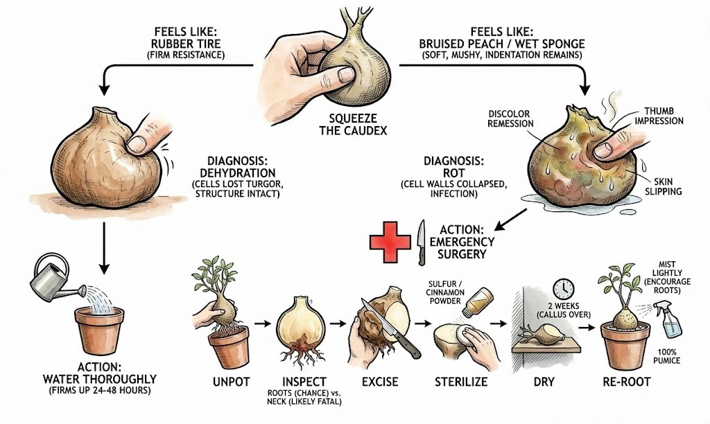 Fastest Growing Caudex: A flowchart for diagnosing and treating a soft caudex (dehydration vs. rot).