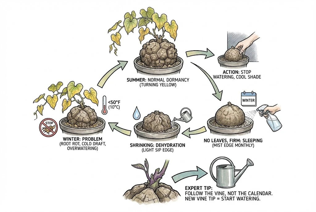 Fastest Growing Caudex: A flowchart explaining the dormancy cycle of Dioscorea elephantipes.