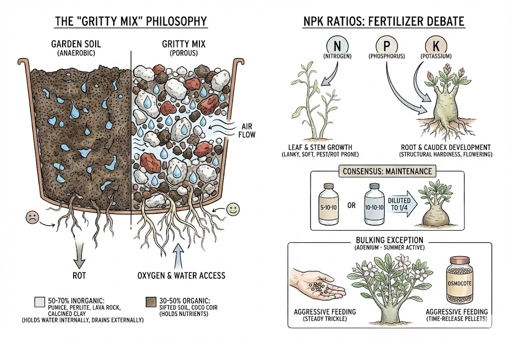 Fastest Growing Caudex: Comparison of soil mixes and an explanation of NPK fertilizer ratios for caudiciforms.
