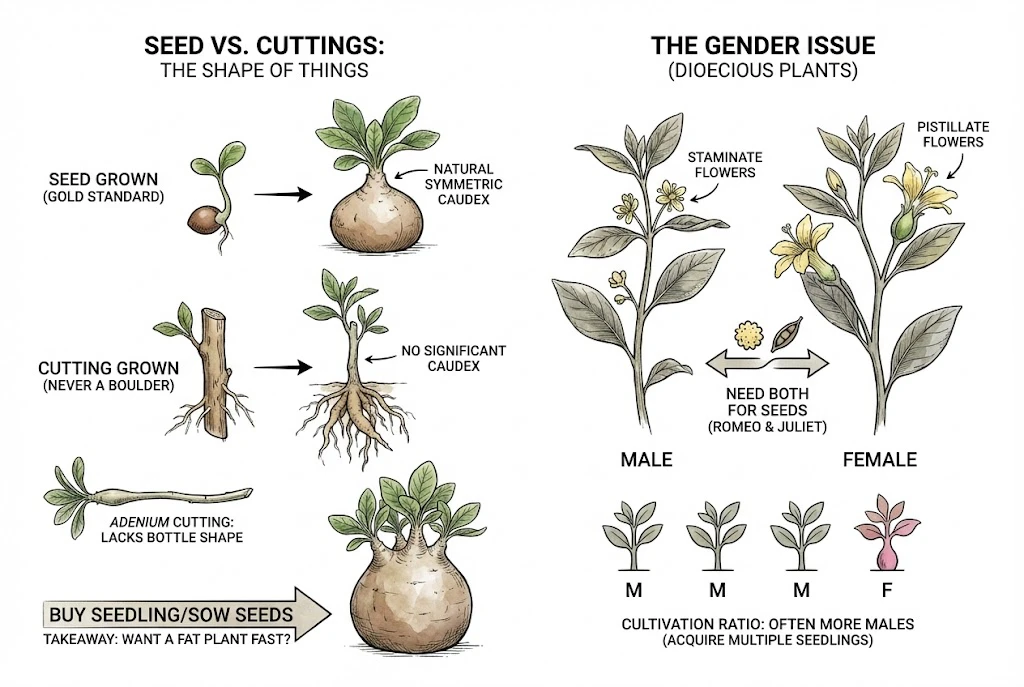 Fastest Growing Caudex: Comparison of plants grown from seed versus cuttings, and an explanation of male and female plants.