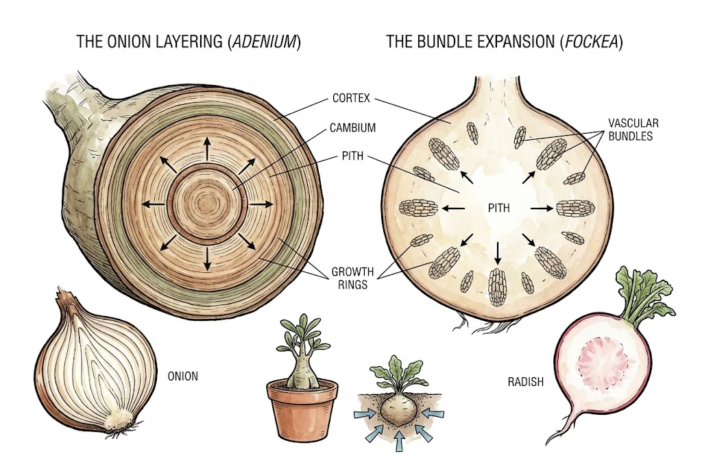 Fastest Growing Caudex: Internal growth structure of Adenium (like an onion) versus Fockea (like a radish).