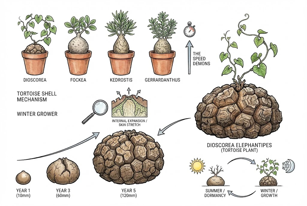 Fastest Growing Caudex: Fast-growing caudiciforms, focusing on the growth habits of Dioscorea elephantipes.