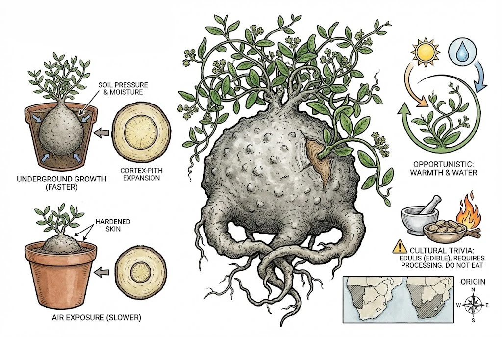Fastest Growing Caudex: Fockea edulis growth under different conditions, including underground versus exposed.