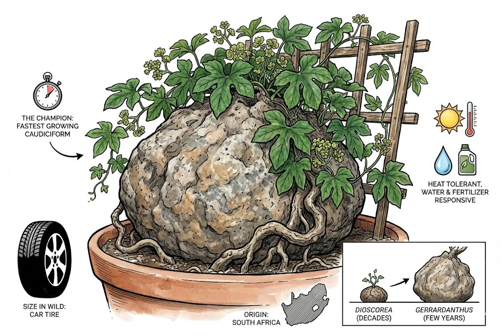 Fastest Growing Caudex: Gerrardanthus macrorhizus, the fastest-growing caudiciform, and its care requirements.