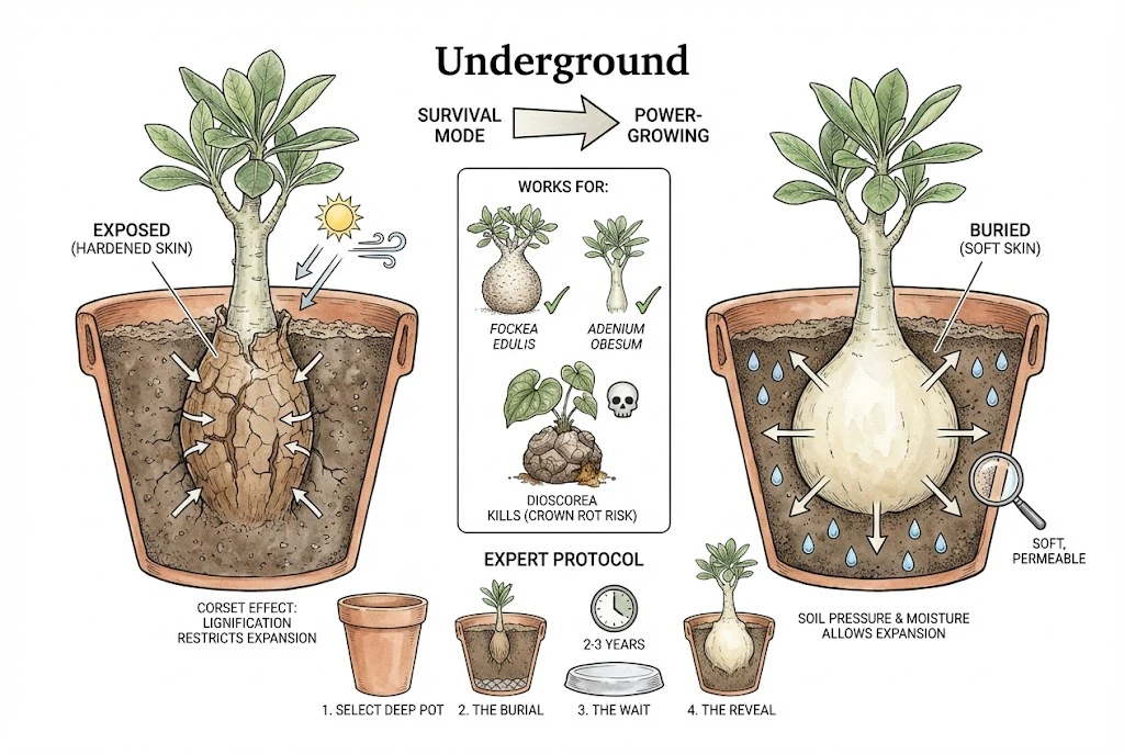 Fastest Growing Caudex: The Underground growing method to increase caudex size by burying it.