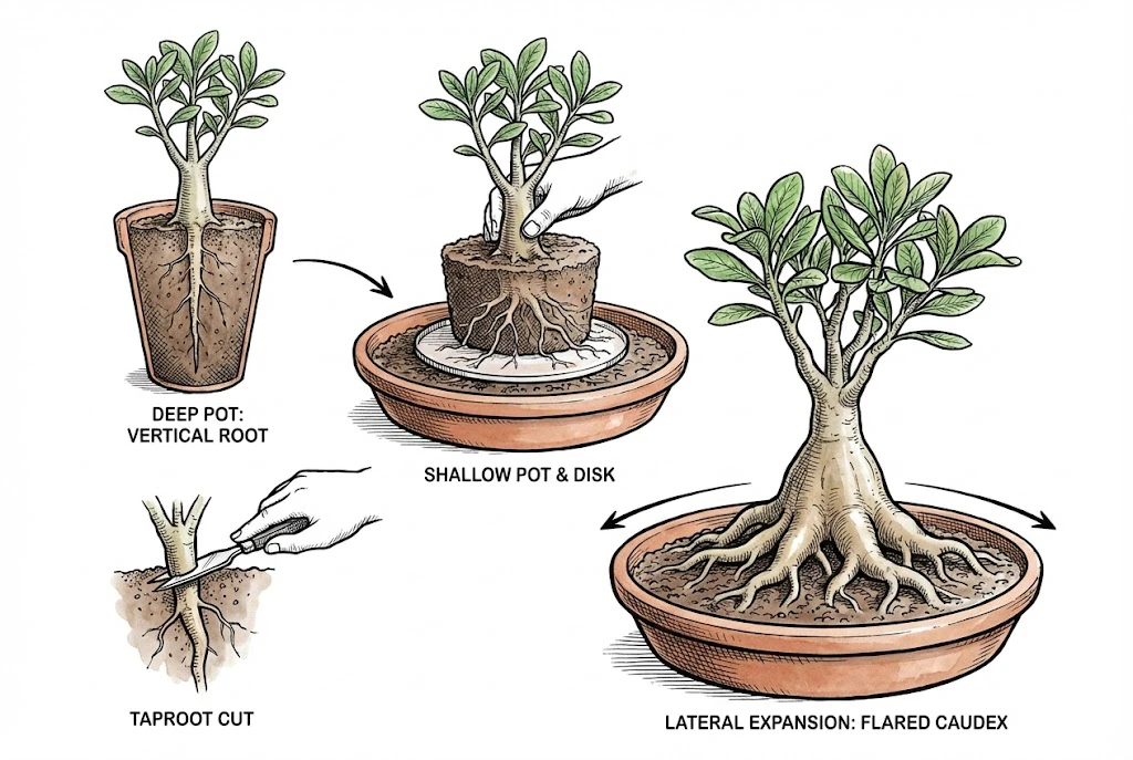 Fastest Growing Caudex: Root manipulation and pan pot technique for creating a wide Adenium base.
