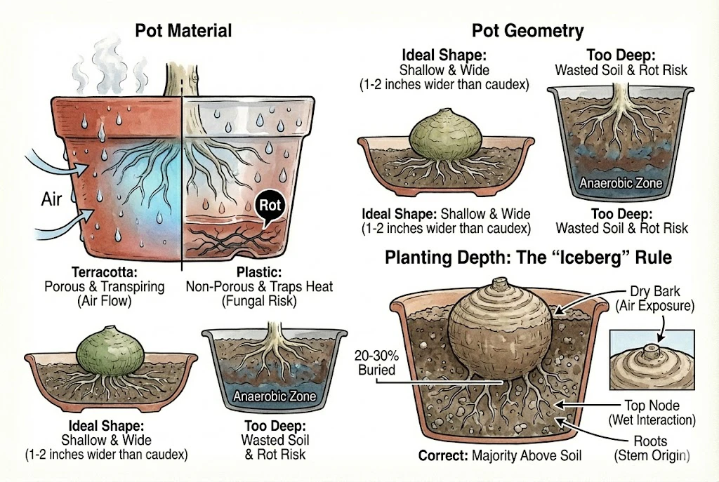Stephania Kaweesakii (Nova) Care Guide: Guide to pot selection, geometry, and the "Iceberg Rule" for planting depth.