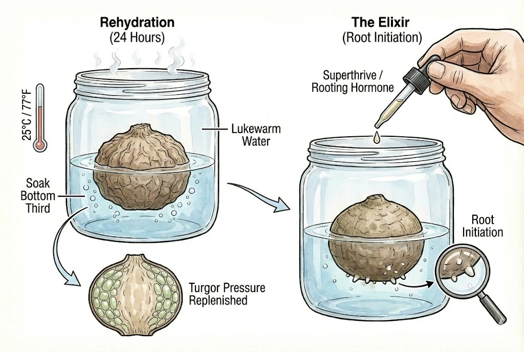 Stephania Kaweesakii (Nova) Care Guide: Two-step process for waking a dormant caudex with a soak and root initiator.