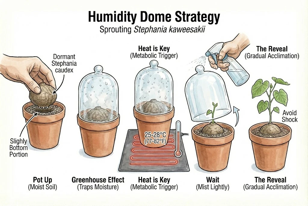 Stephania Kaweesakii (Nova) Care Guide: Five-step "Humidity Dome Strategy" for sprouting a dormant caudex.