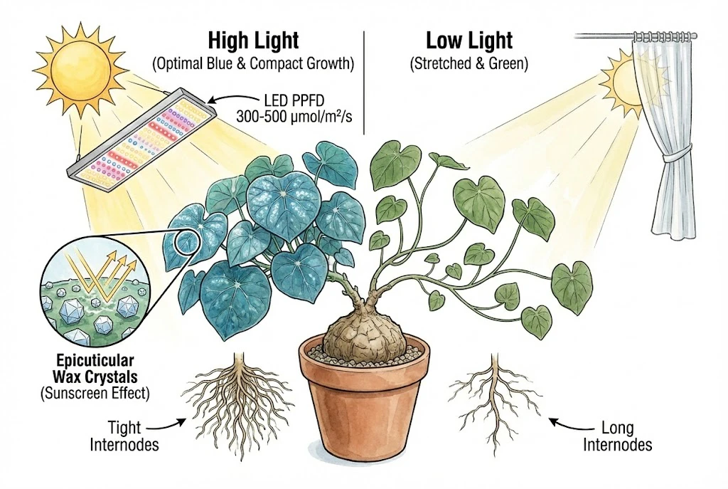 Stephania Kaweesakii (Nova) Care Guide: Illustration showing how high light creates compact blue leaves, while low light causes stretching.