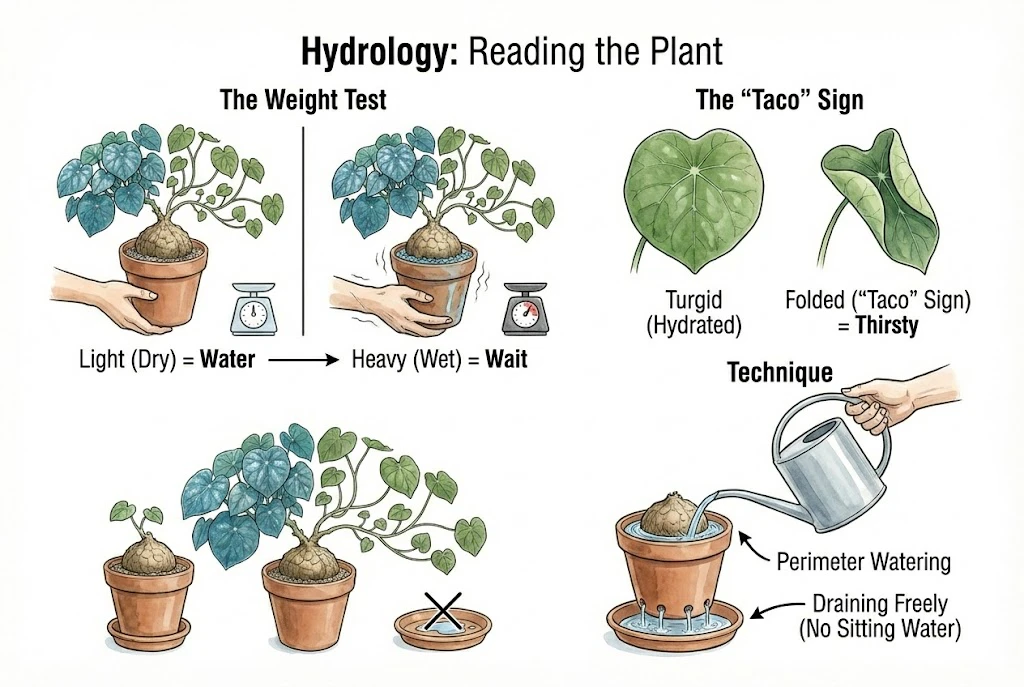 Stephania Kaweesakii (Nova) Care Guide: Watering guide using pot weight and leaf folding as indicators.