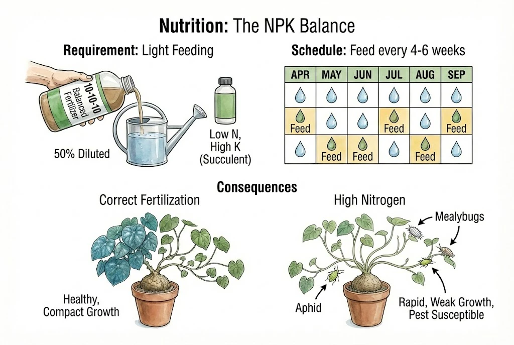 Stephania Kaweesakii (Nova) Care Guide: Fertilizer guide with a light schedule and comparison of healthy versus high-nitrogen growth.
