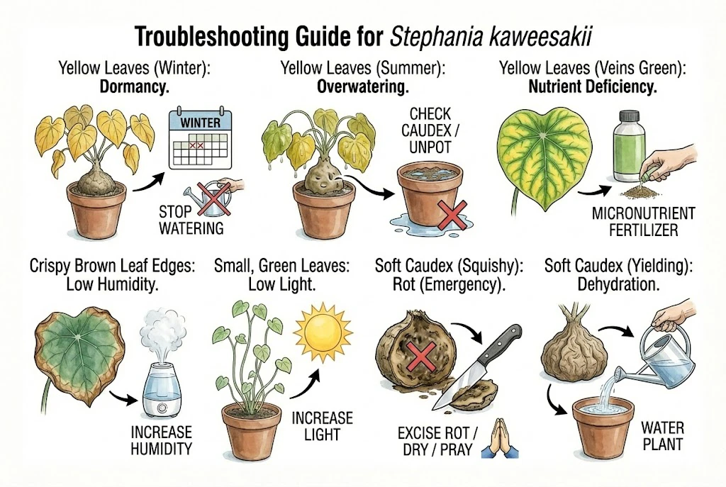 Stephania Kaweesakii (Nova) Care Guide: Troubleshooting chart for common symptoms like yellow leaves and soft caudexes.