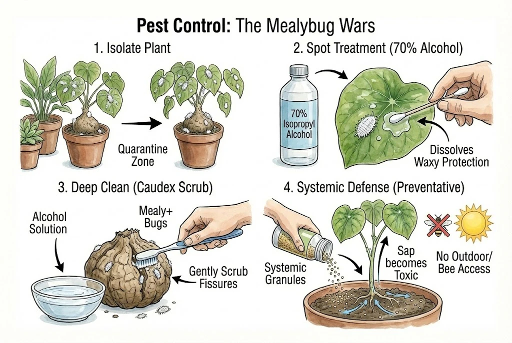 Stephania Kaweesakii (Nova) Care Guide: Four-step guide for controlling mealybugs using alcohol and systemic treatments.