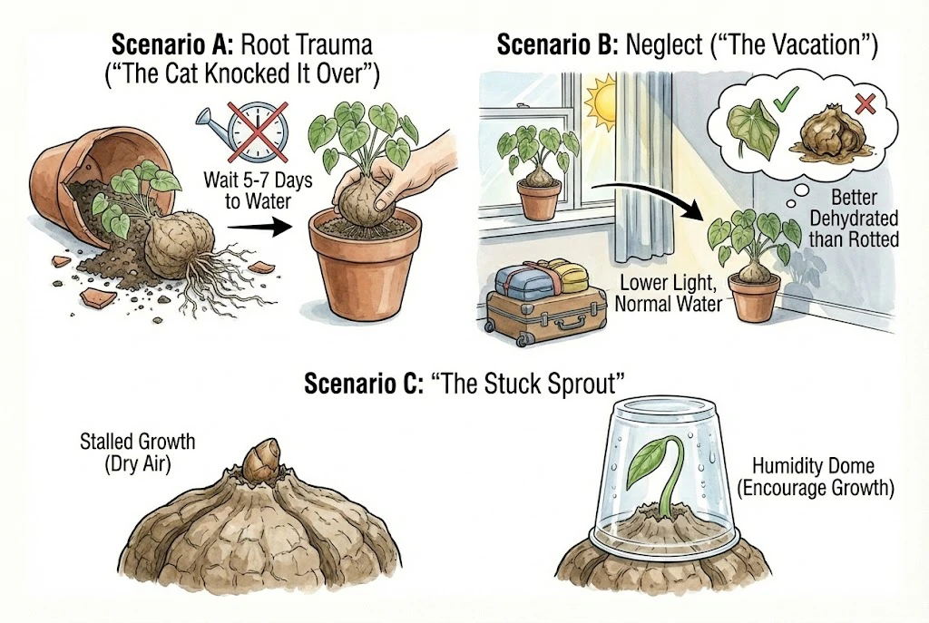 Stephania Kaweesakii (Nova) Care Guide: Solutions for care scenarios involving root trauma, vacation neglect, and stalled sprouts.