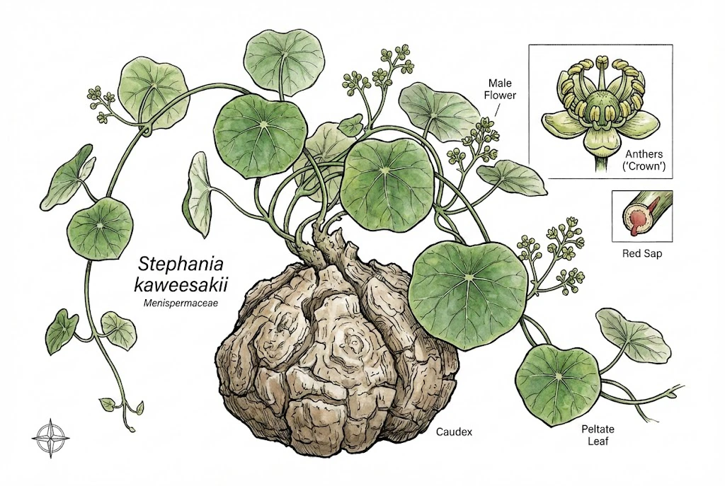 Stephania Kaweesakii (Nova) Care Guide: Illustration of Stephania kaweesakii showing its large caudex, leaves, and flowers.