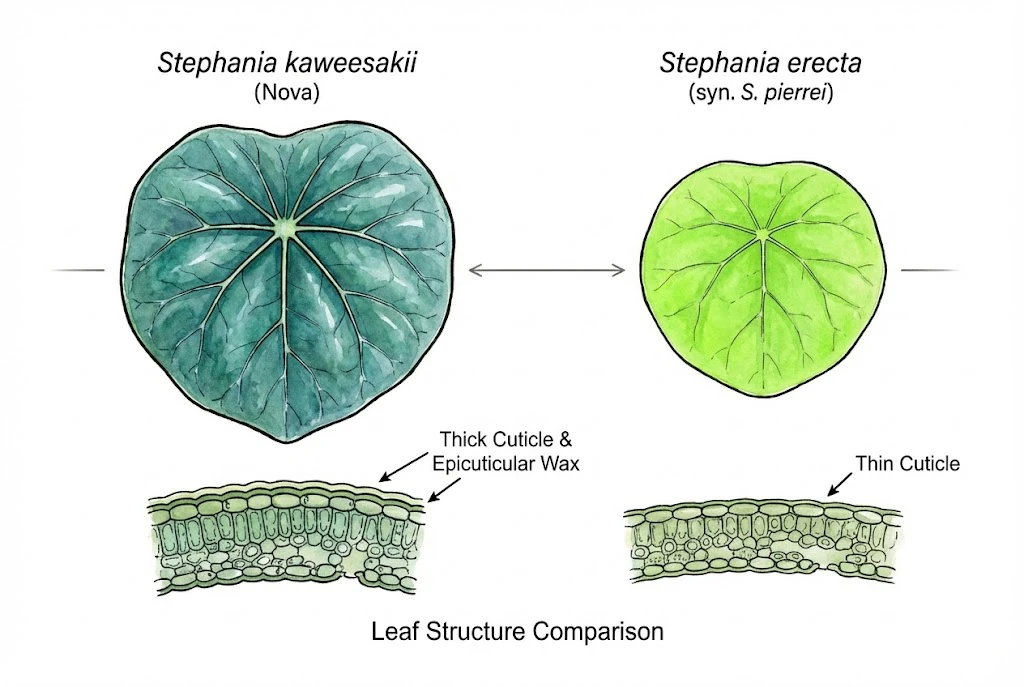 Stephania Kaweesakii (Nova) Care Guide: Comparison of the blue, thick-cuticle S. kaweesakii leaf with the greener S. erecta.