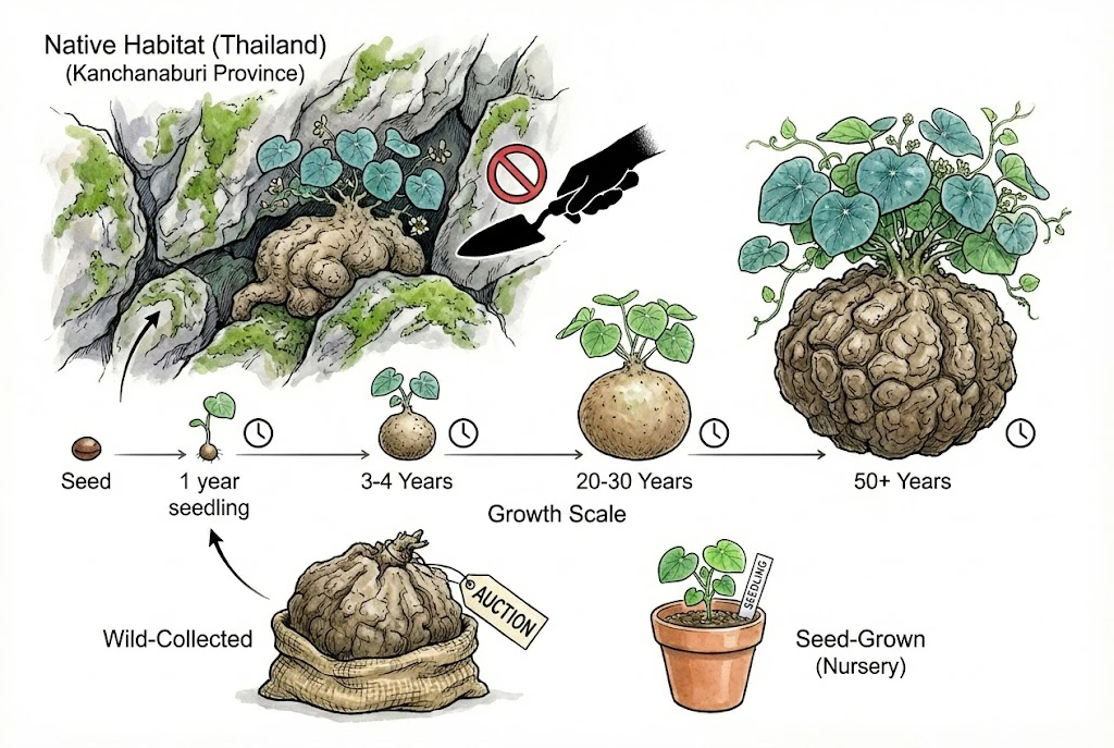 Stephania Kaweesakii (Nova) Care Guide: Growth timeline of S. kaweesakii highlighting the problem of poaching wild plants.