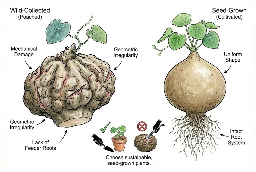 Stephania Kaweesakii (Nova) Care Guide: Visual guide to identify poached versus seed-grown S. kaweesakii caudexes.
