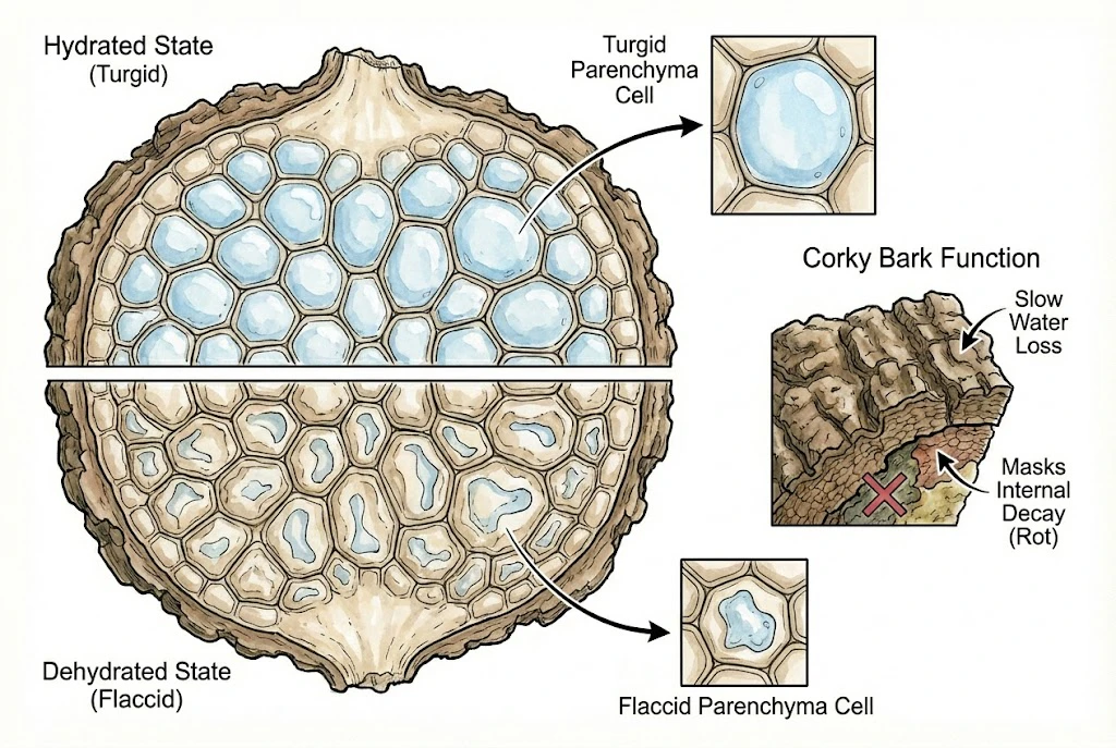 Stephania Kaweesakii (Nova) Care Guide: Cross-section of a caudex showing water storage cells and its corky bark.