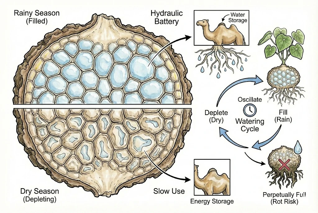 Stephania Kaweesakii (Nova) Care Guide: Diagram of the caudex as a water-storing "hydraulic battery" in a filling and depleting cycle.