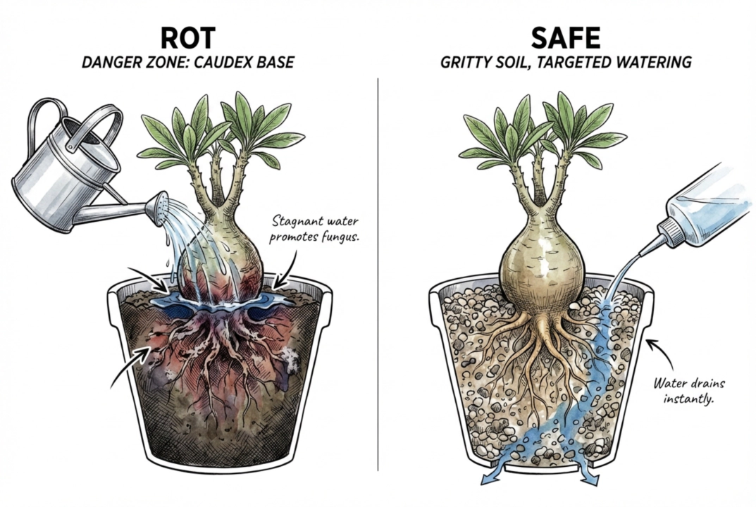 Water sitting at the base of a caudex plant stem