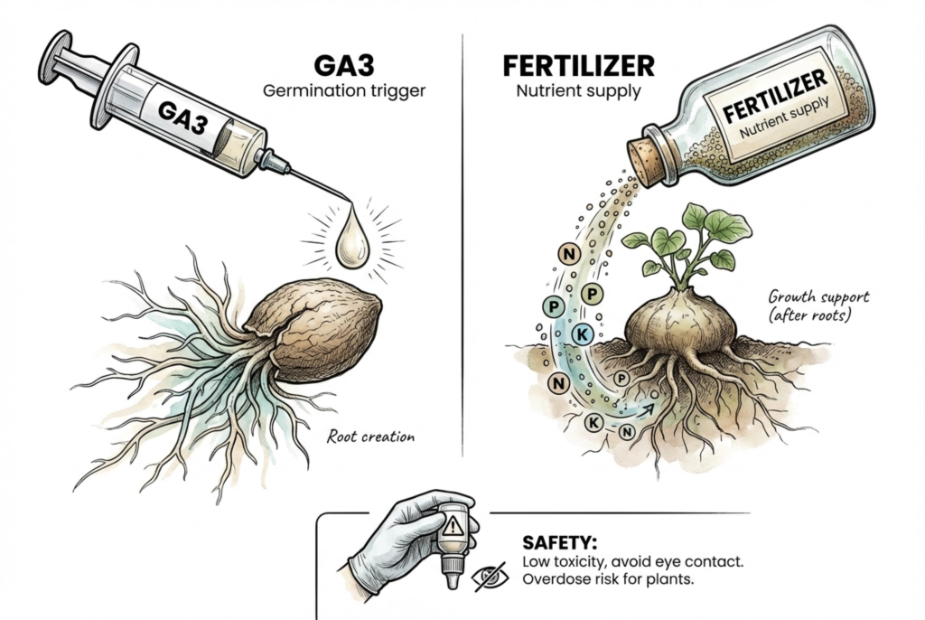 Comparison of fertilizer feeding roots versus GA3 triggering germination