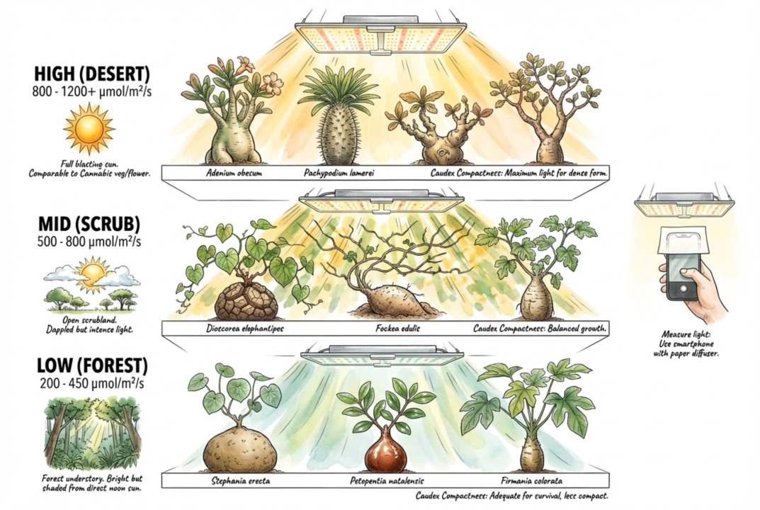 Comparison chart of PPFD requirements for different caudex plant tiers.