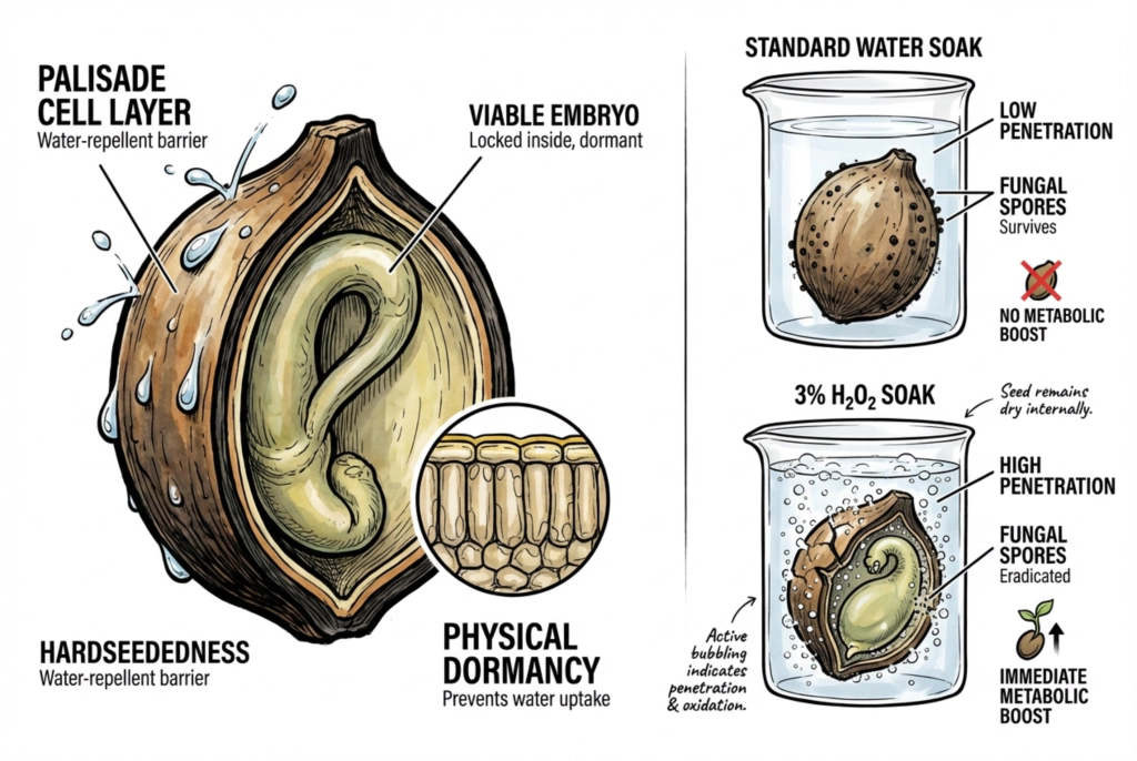 Hardened palisade cell layer creating physical dormancy in caudex seeds