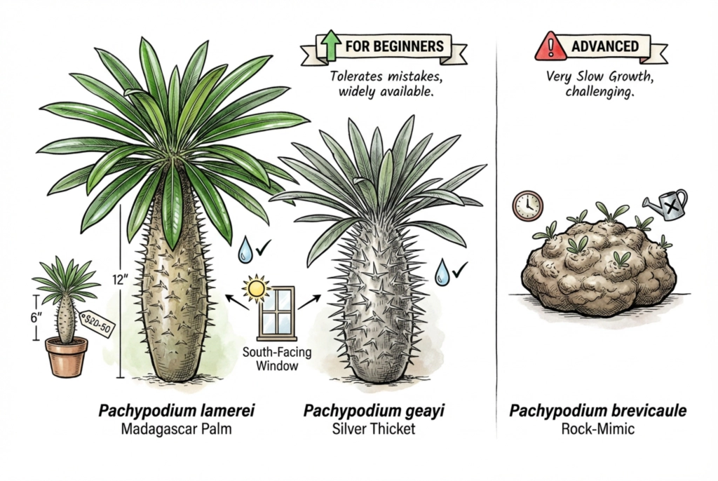 Beginner-friendly Madagascar caudex plant species comparison