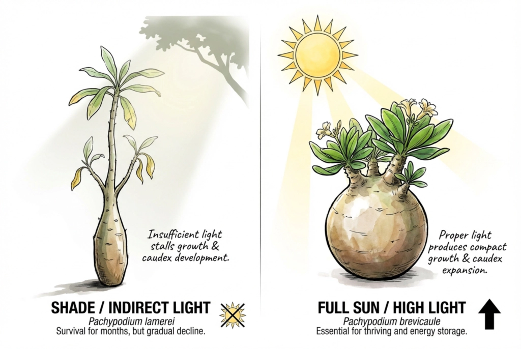 Light requirements for caudex plant growth and development