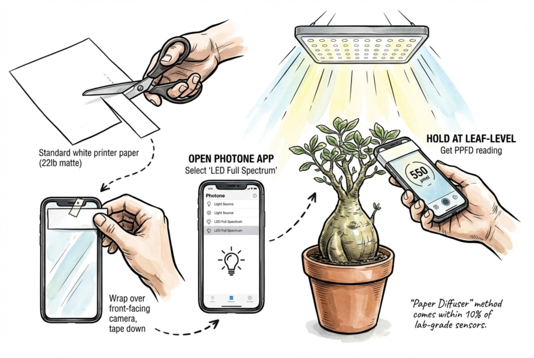 Using a smartphone camera with white paper diffuser to measure light intensity.