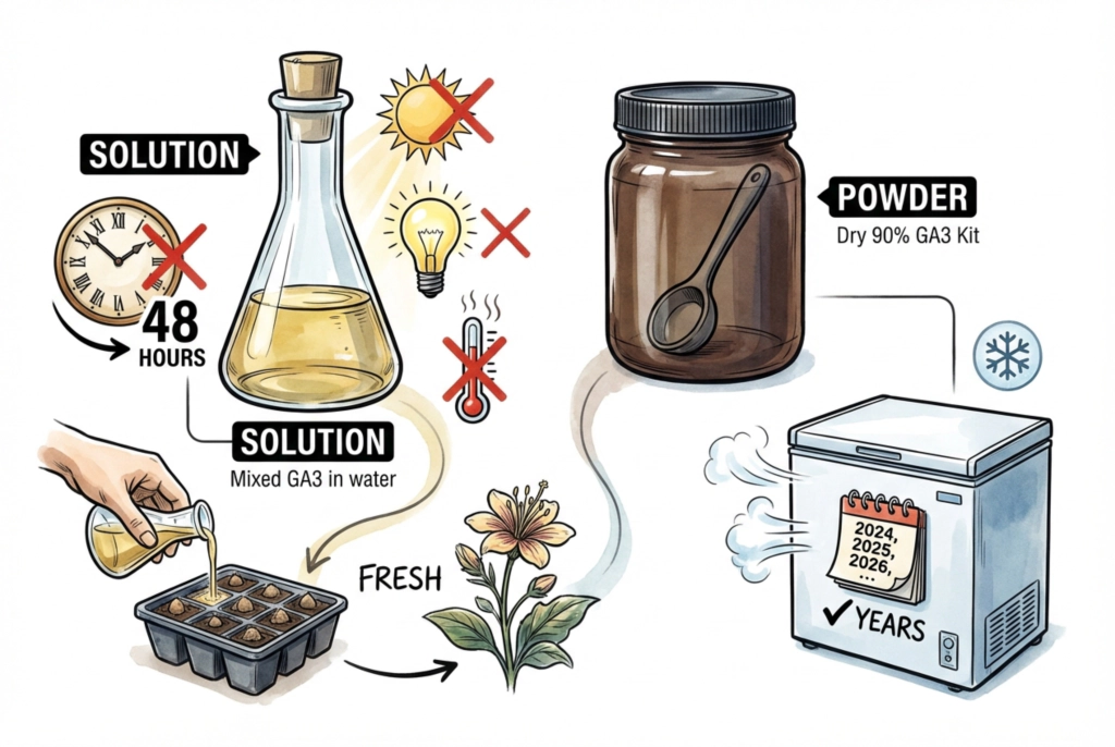 Correct storage methods for mixed GA3 solution versus dry powder
