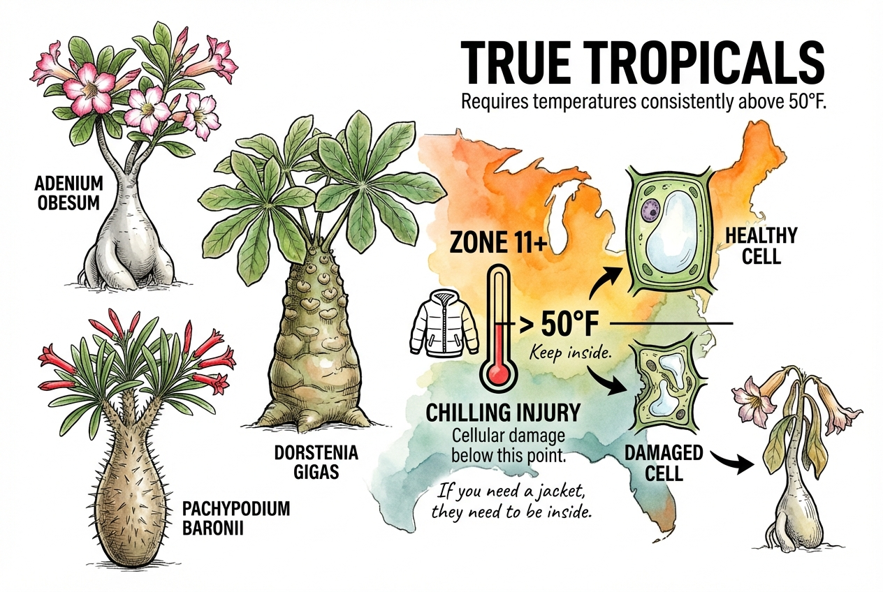 Tropical caudex plants like Adenium requiring warm temperatures