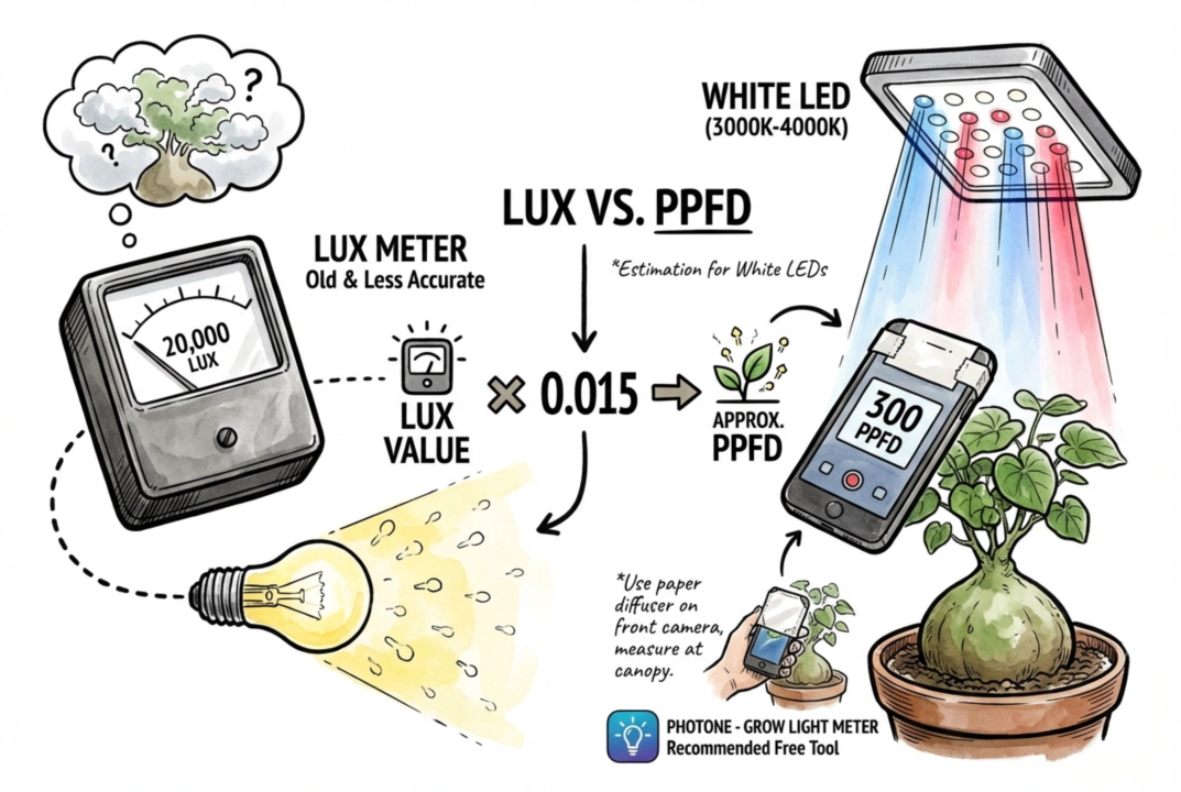 Chart showing calculation to convert Lux readings to PPFD for LEDs.