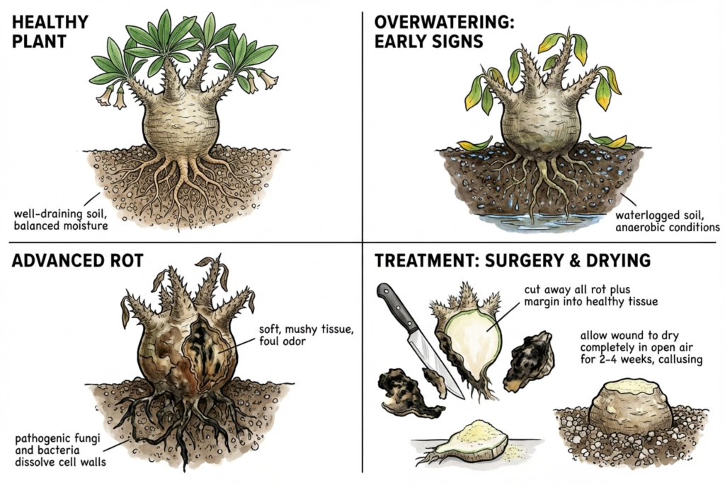 Root and caudex rot symptoms from overwatering