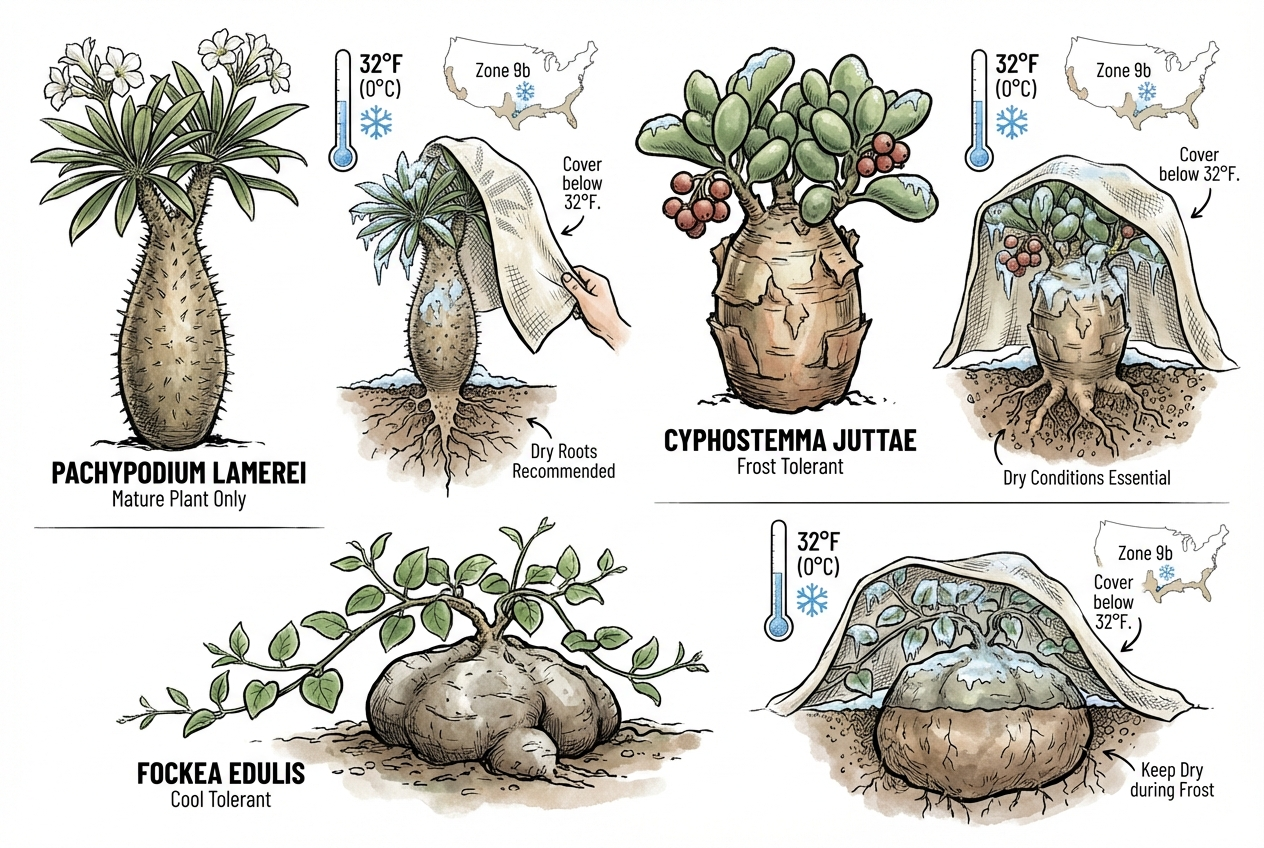Frost-tolerant caudiciforms surviving under protective cover
