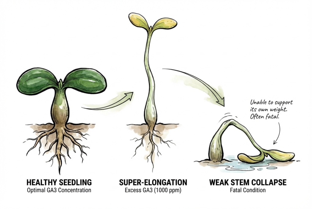 Healthy seedling compared to weak etiolated seedling from overdose