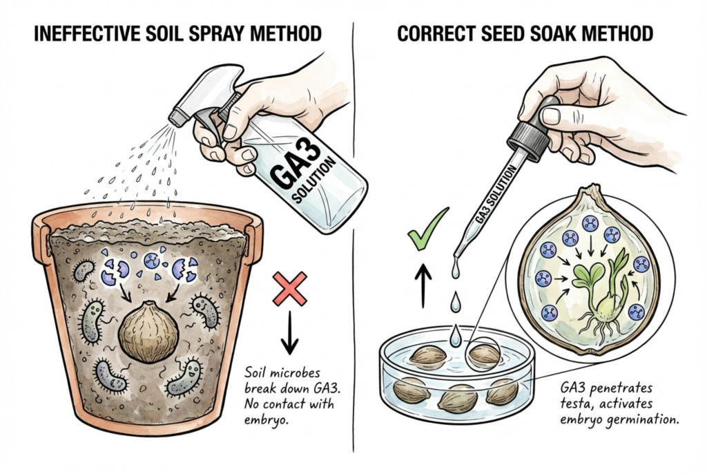 Seed soaking method versus ineffective soil spraying technique