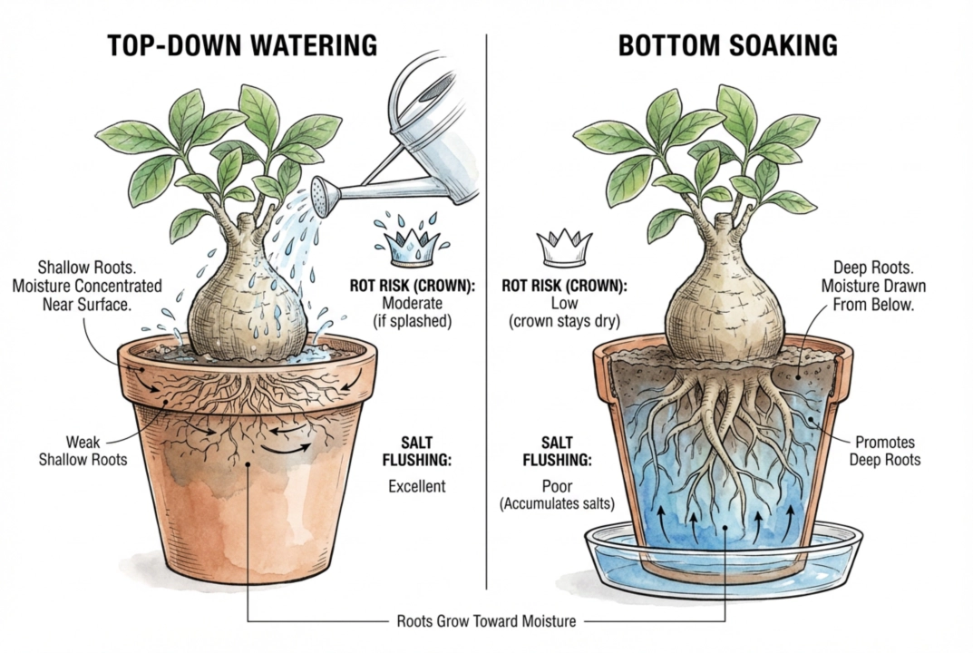 Diagram showing deep roots growing towards water at bottom of pot