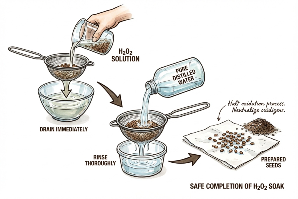 Rinsing soaked seeds in a fine mesh strainer with distilled water