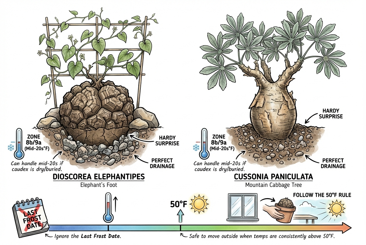 Hardy Dioscorea elephantipes thriving in cool conditions