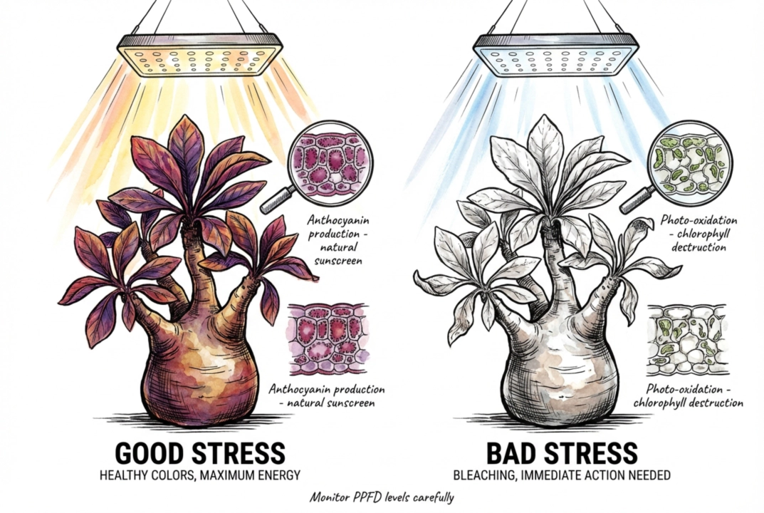 Visual difference between healthy purple stress colors and white bleached leaves.