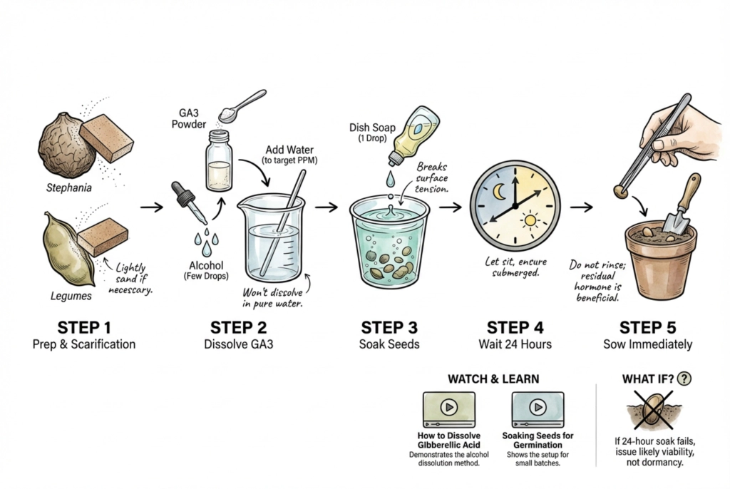 Step-by-step guide for dissolving and soaking caudex seeds in GA3