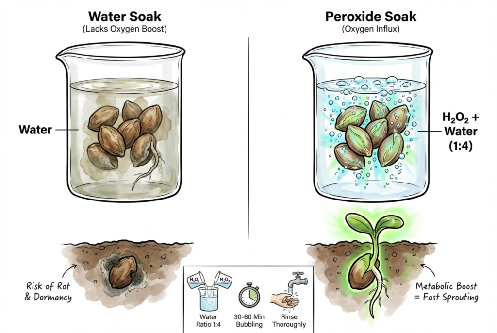 Hydrogen peroxide soak providing oxygen boost for emerging seedling cotyledons