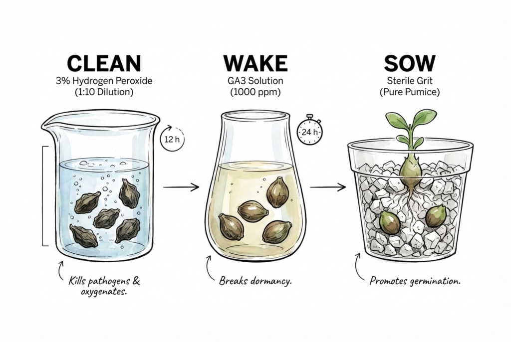 Hydrogen peroxide and GA3 rescue protocol diagram for old seeds
